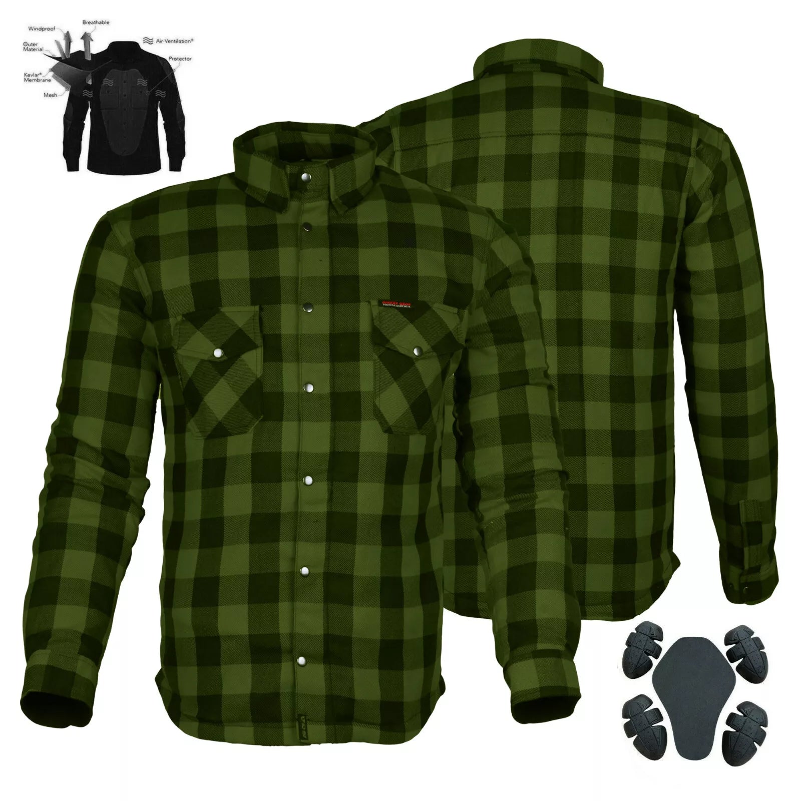 Boston HD Flannel Motorcycle Lined With Kevlar Shirt Army Green / Black