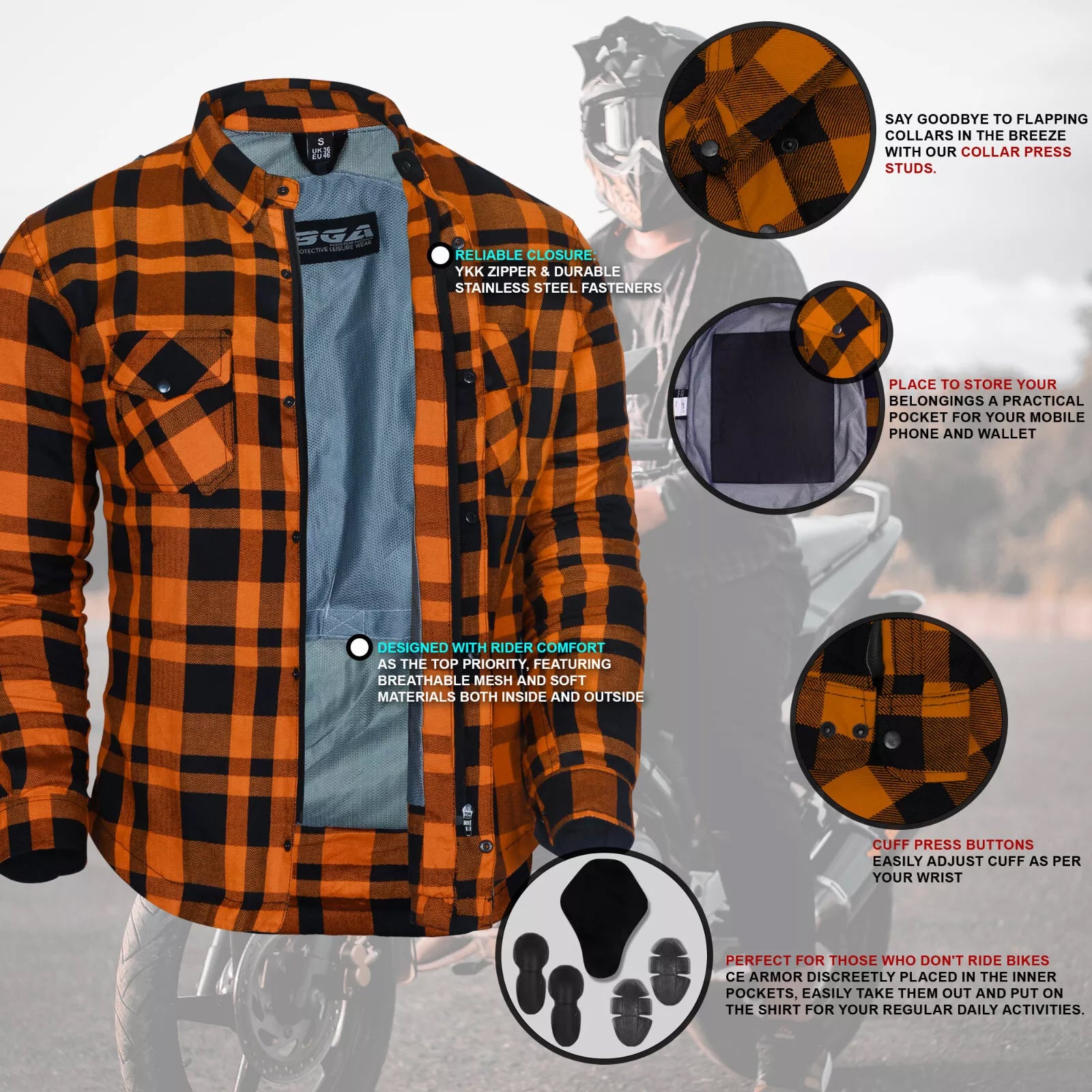 Exo Rider Lined with Kevlar Protective Motorcycle Shirt Orange