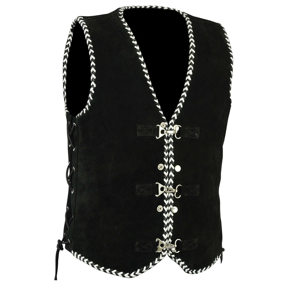 Aero Motorcycle Suede Leather Vest Black/White Braide