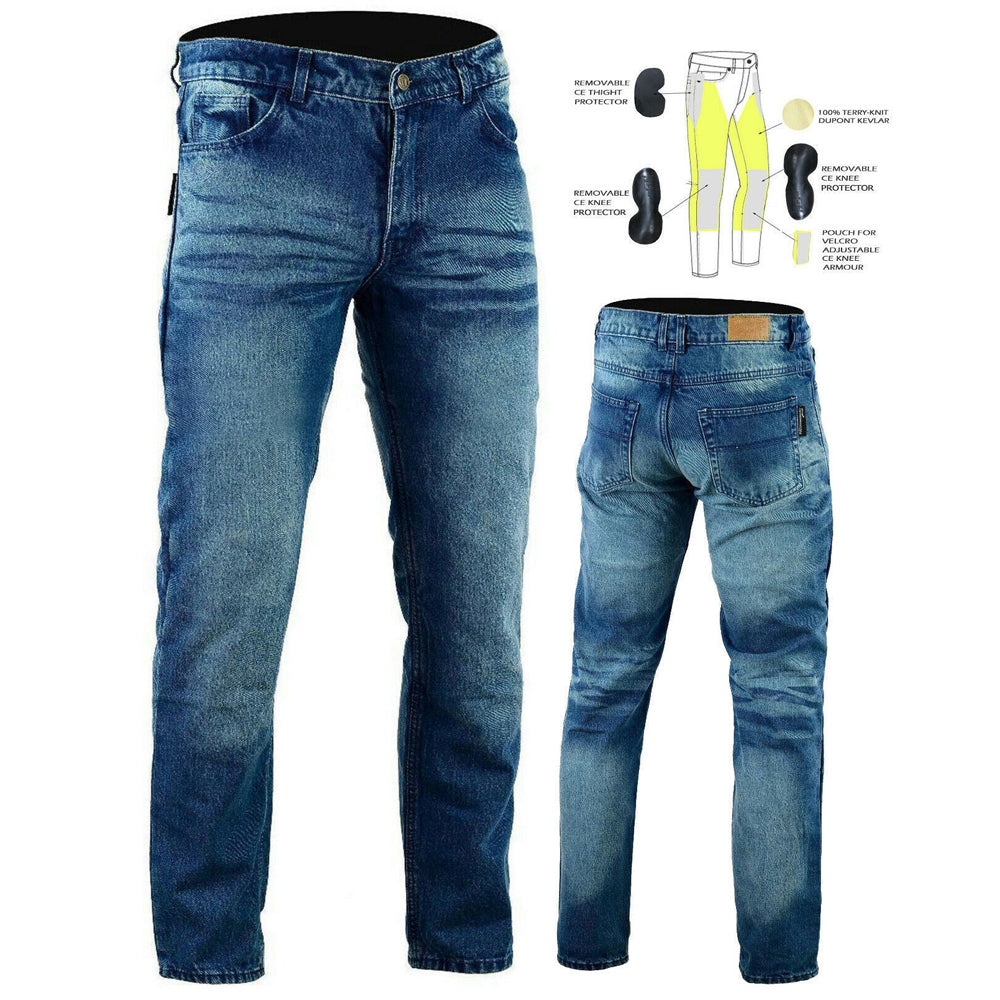 Mens Interstate Stone Wash Blue Protective Lined With Kevlar Motorcycle Jeans