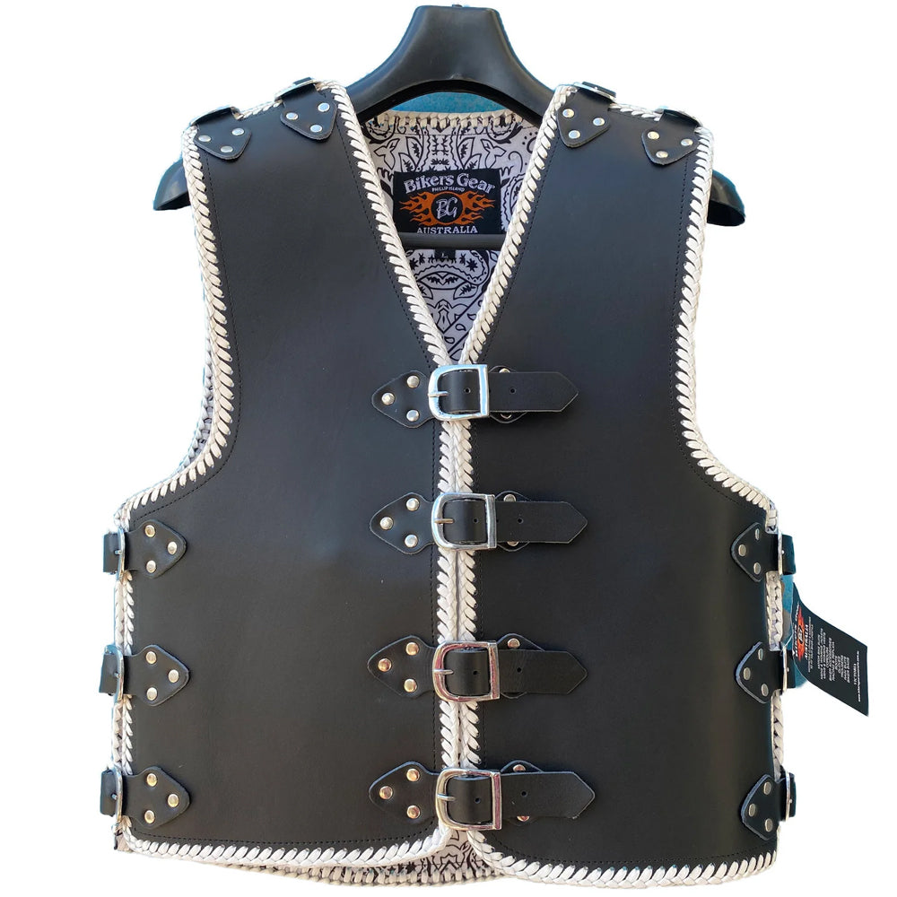 Atlas 3-4mm HD Leather Motorcycle Braided Club Vest White Paisley Liner