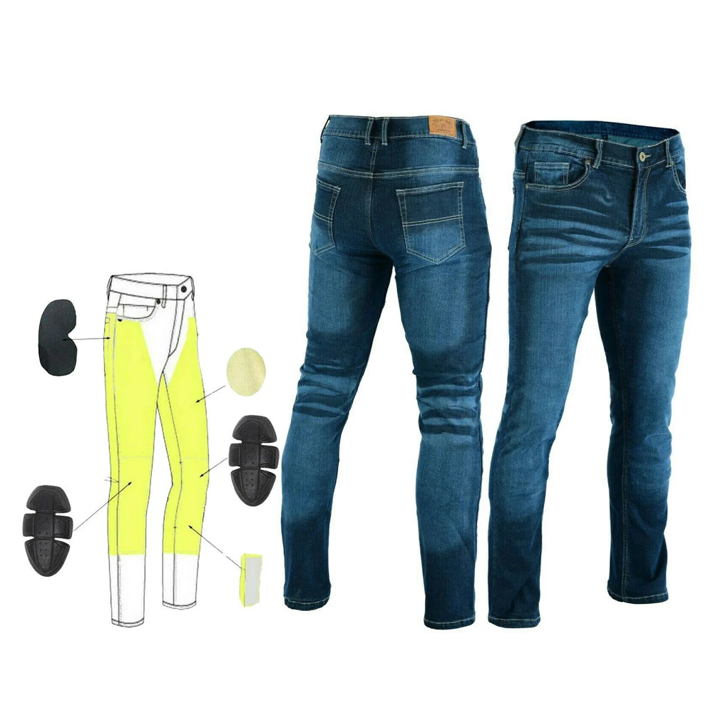 Mens Highway Stretch Denim Protective Lined With Kevlar Motorcycle Jeans Blue