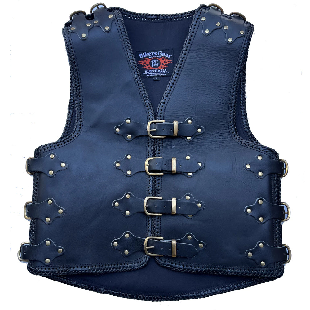 Atlas 3-4mm HD Leather Black Braided Club Motorcycle Vest Gold Buckles