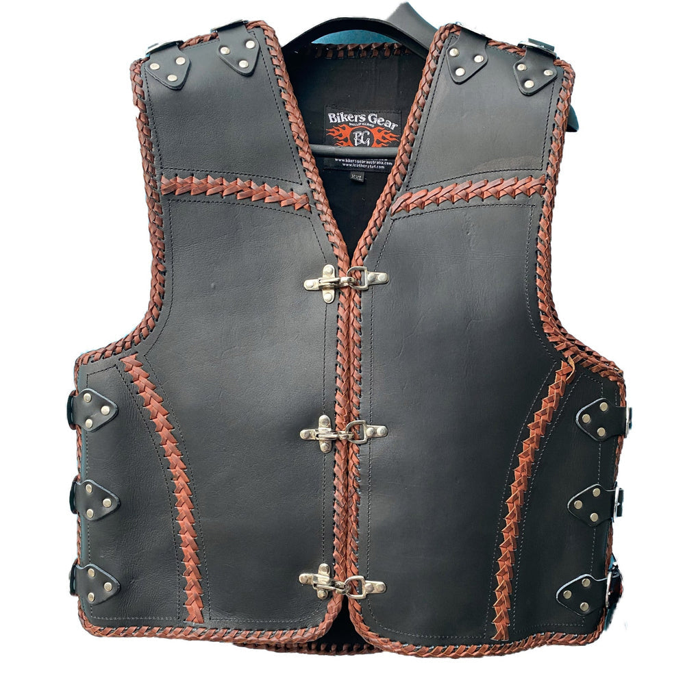 Geelong HD 3-4mm Leather Motorcycle Club Clip Vest Brown Braiding
