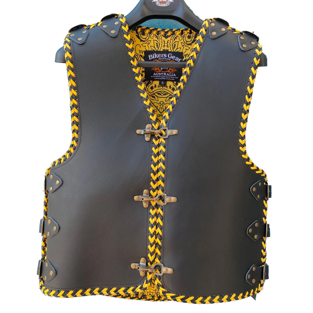 Atlas 3-4mm HD Leather Motorcycle Braided Club Vest Yellow Braiding