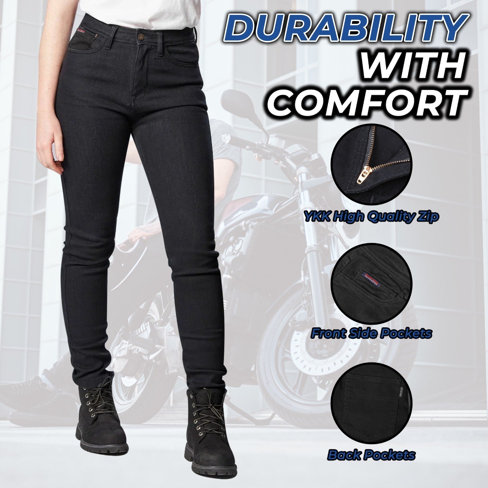 Womens Classic Motorcycle Kevlar Jeans Black