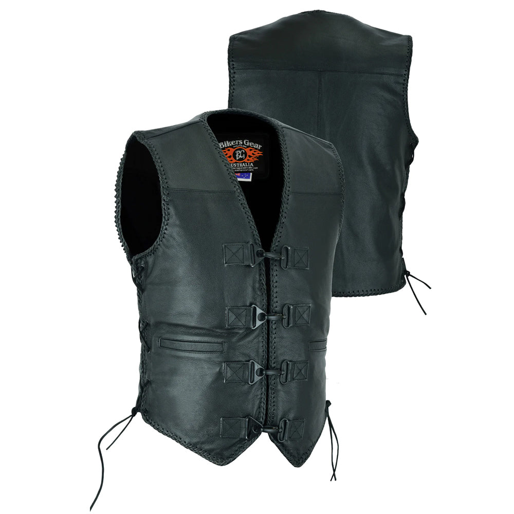 Men's Rider Leather Clip Motorcycle Vest Black Braided