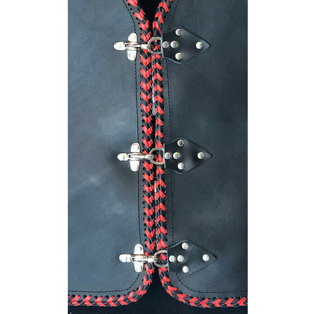 Doxley 3-4mm HD Leather Motorcycle Club Vest Red Braiding