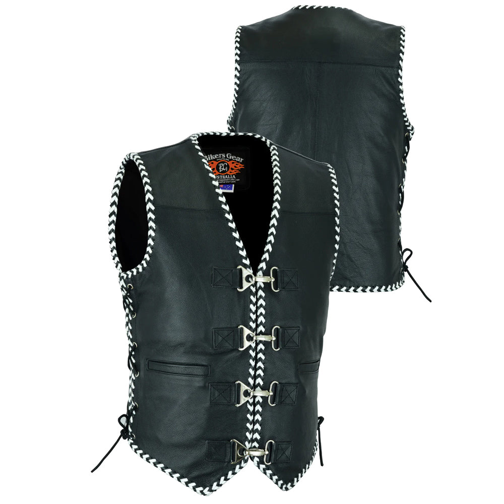 Men's Rider Leather Motorcycle Vest White/Black Braided