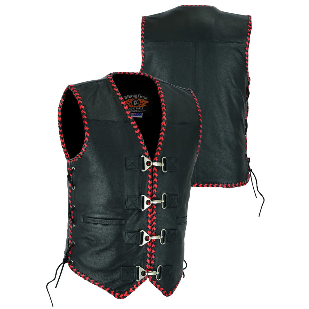 Men's Rider Leather Motorcycle Vest Red/Black Braided