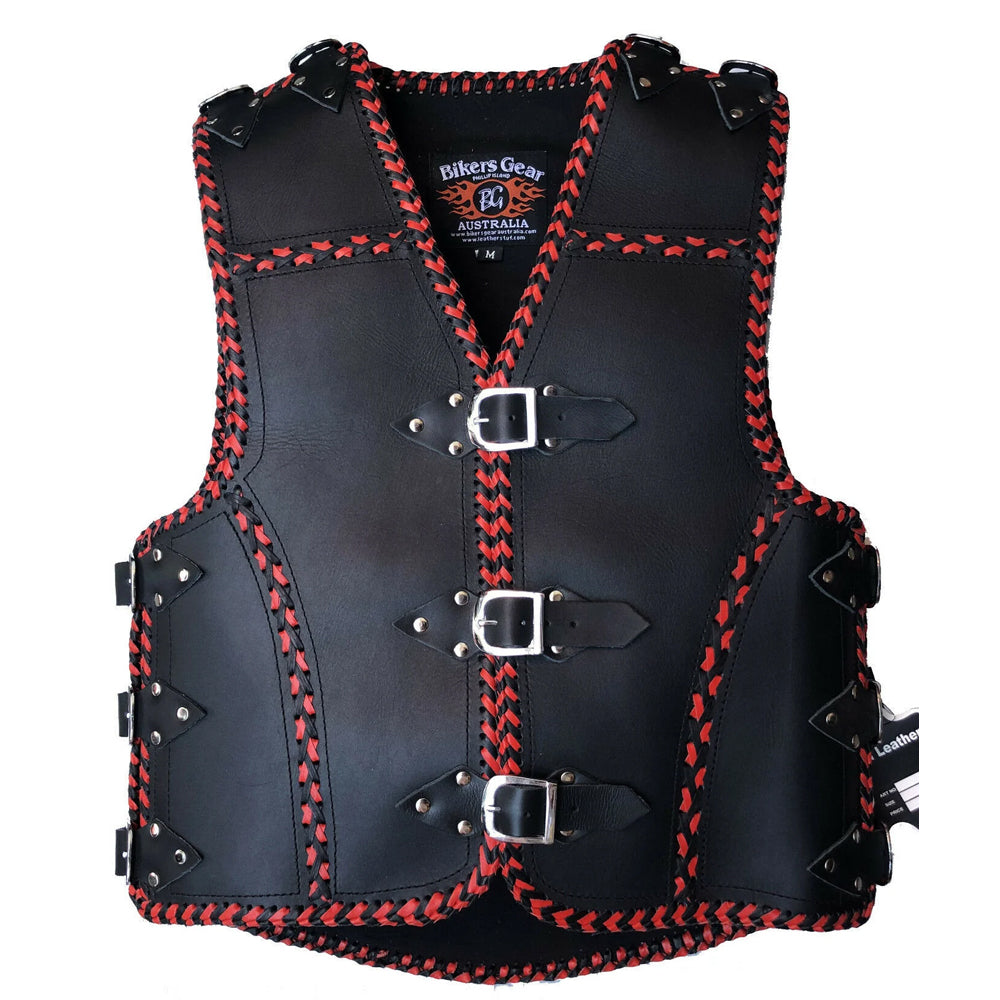 Doxley 3-4mm HD Leather Motorcycle Club Vest Red Braiding