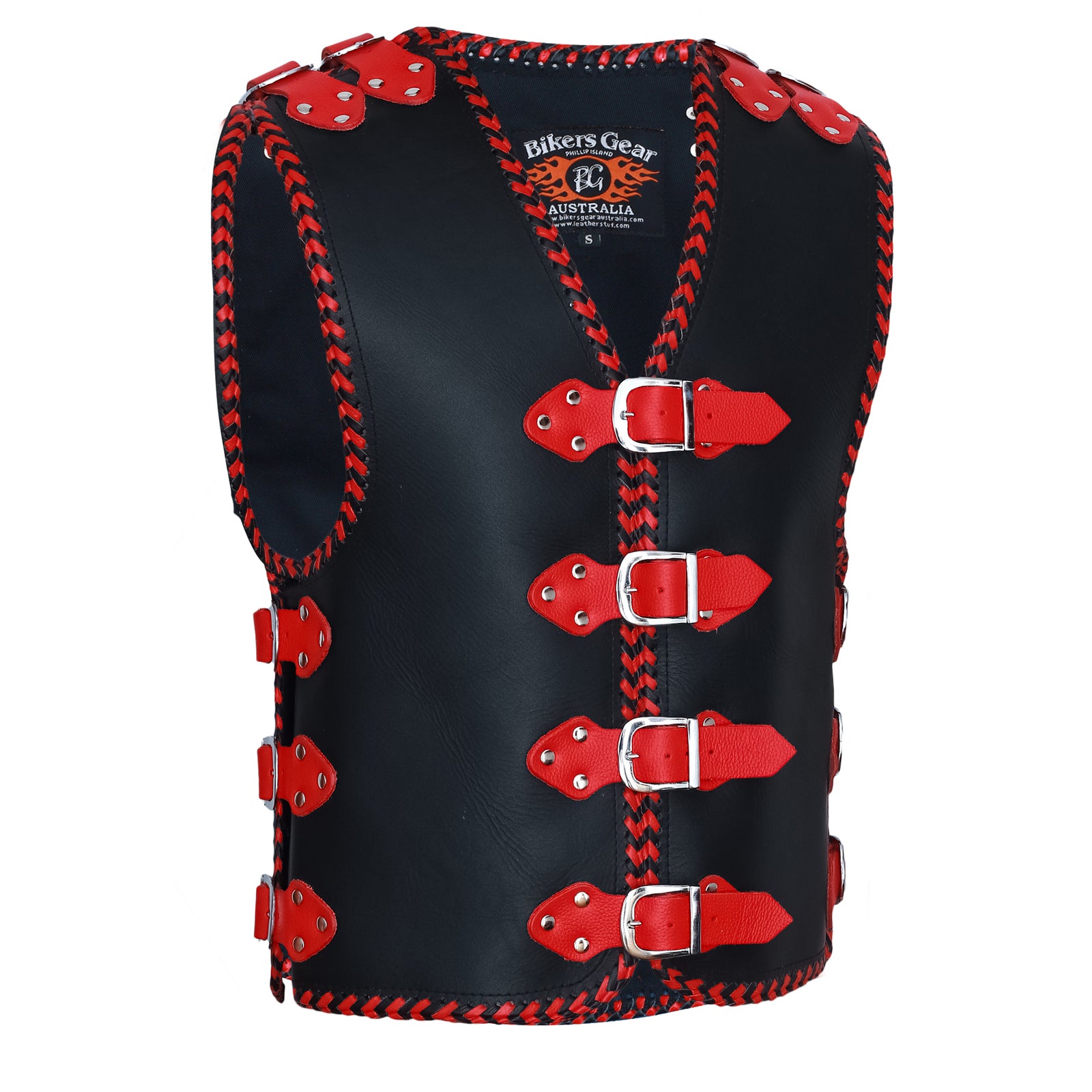Hunt 3-4mm HD Leather Braided Motorcycle Club Vest Red Braiding & Buckles