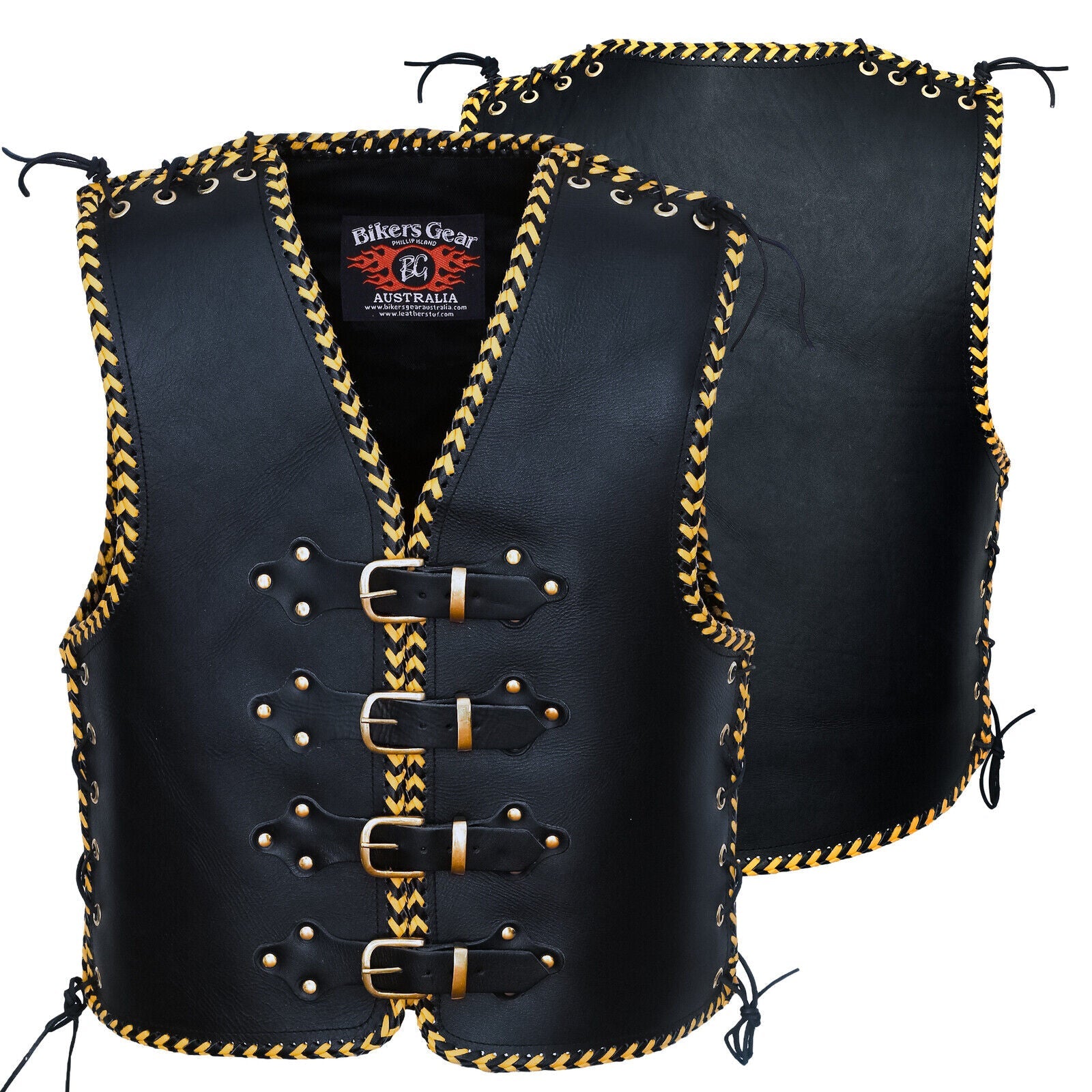 Voodoo Yellow Braid HD 3-4mm Leather Motorcycle Club Vest Brass Buckles