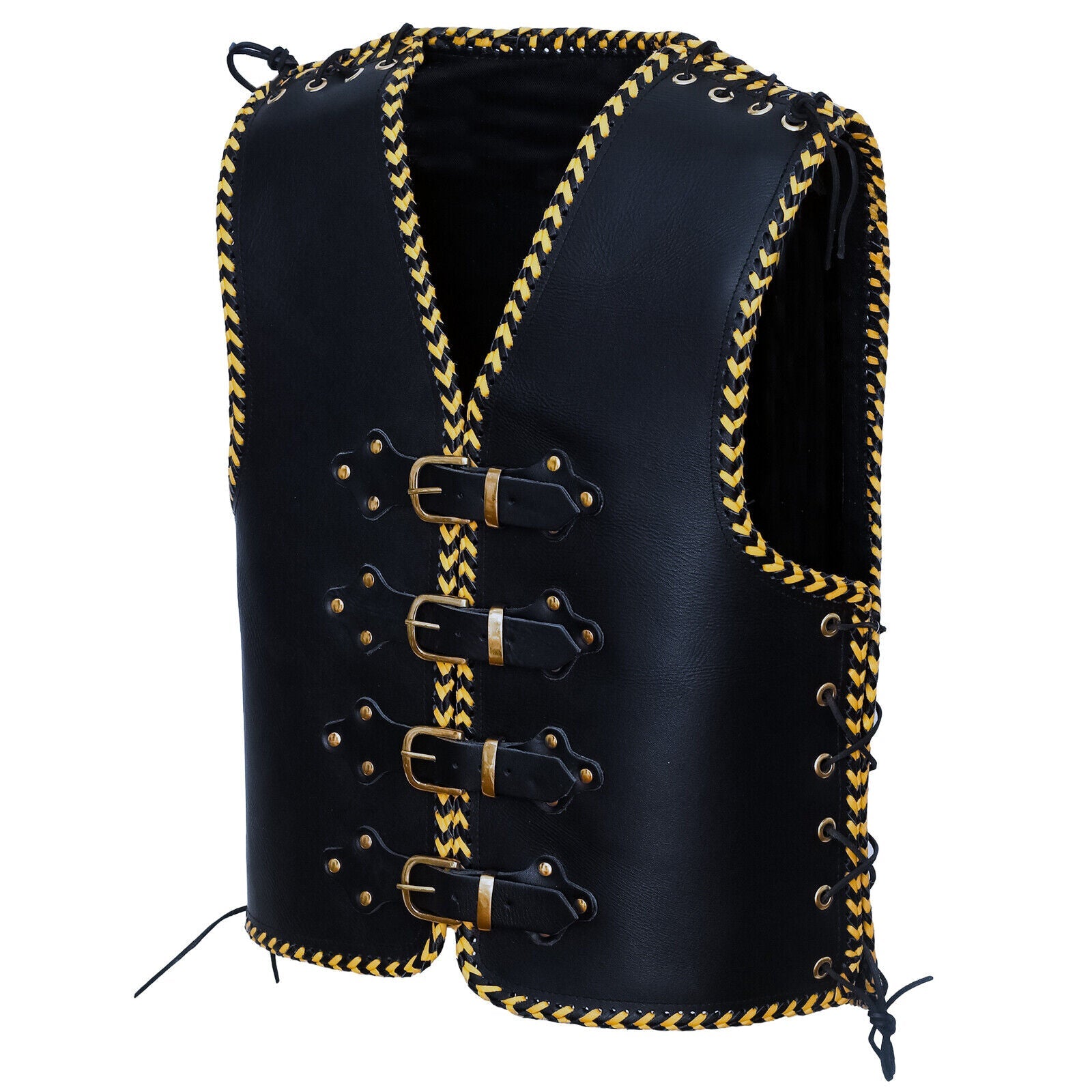 Voodoo Yellow Braid HD 3-4mm Leather Motorcycle Club Vest Brass Buckles