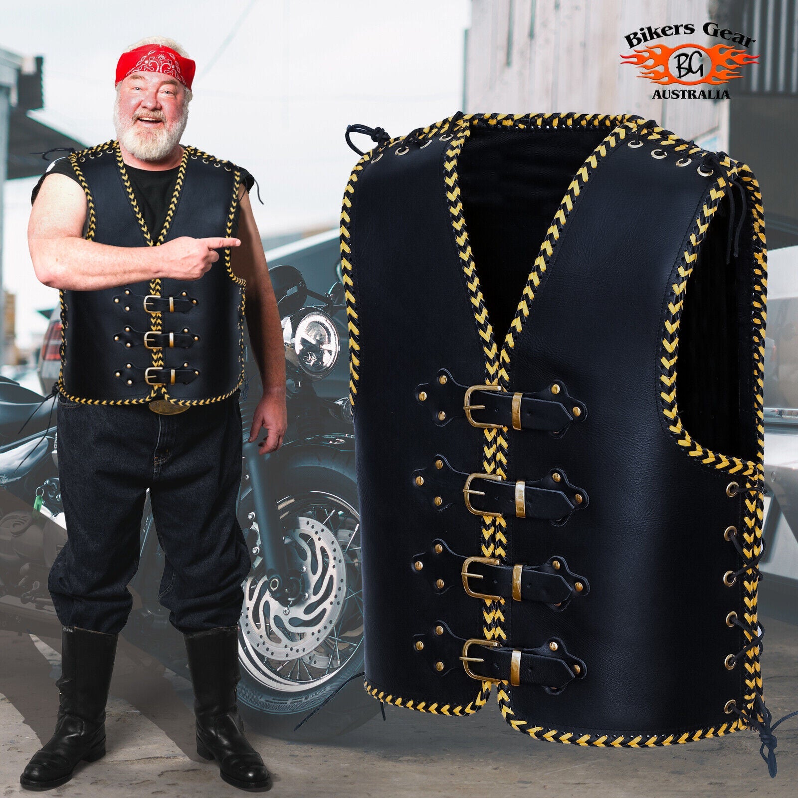 Voodoo Yellow Braid HD 3-4mm Leather Motorcycle Club Vest Brass Buckles