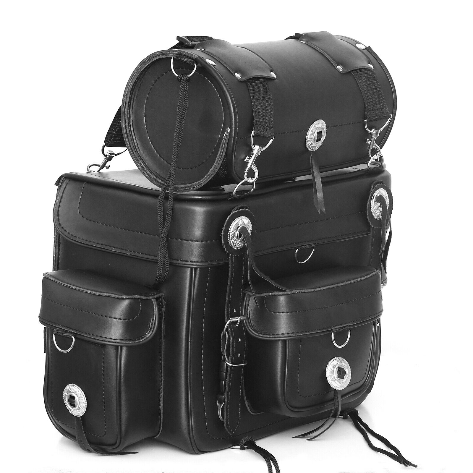 2PC Tek Leather Motorcycle Sissy Bar Bag Plain No Studs