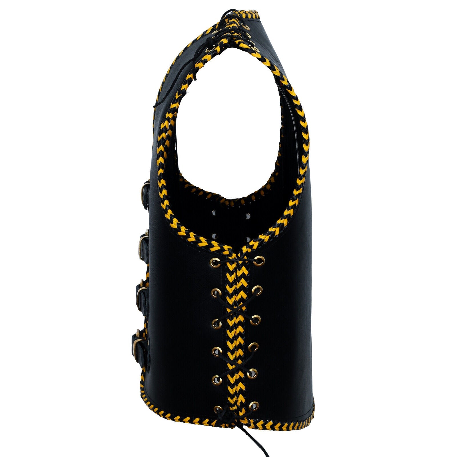 Voodoo Yellow Braid HD 3-4mm Leather Motorcycle Club Vest Brass Buckles